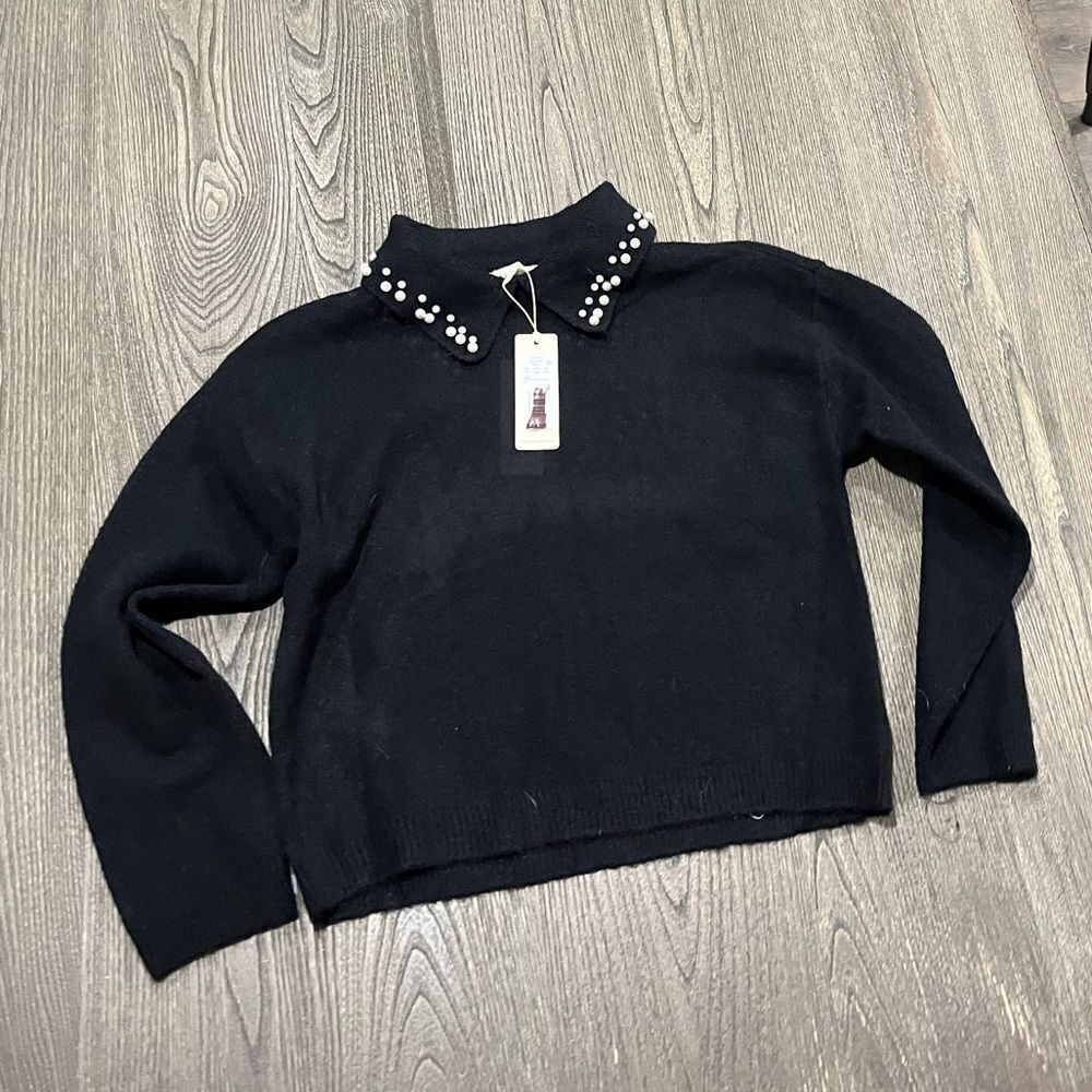 NWT Copper Key Sweater Collar Long Sleeve Knit Pearls Black Girls Large